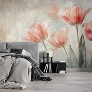 Carta da parati con tulipani acquerellati, murale floreale staccabile e attaccabile, carta da parati con fiori rosa, decorazione da parete color fard, murale botanico rimovibile in stile shabby chic