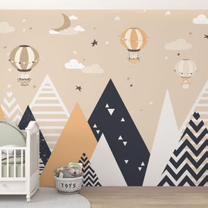 Carta da parati per bambini con mongolfiere di montagna scandinave, murale per cameretta dei bambini, murale rimovibile, decorazione murale autoadesiva ed ecologica