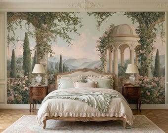 Vintages italienisches Garten-Wandbild, romantische Rosen-Terrassen-Tapete, Blumenlandschaftsdekor