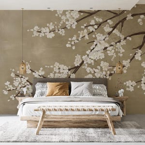 White Cherry Blossom Wallpaper, Japanese Floral Peel and Stick Mural, Vintage Branch Decor,
