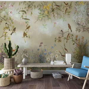 Chinoiserie Peel and Stick Wallpaper: Vintage Birds, Botanical Wall Mural