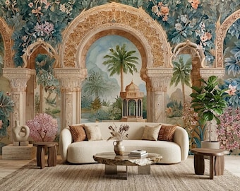 Mughal Garden Arch Mural, Peel and Stick Wallpaper, Non Woven Botanical Wall Decor