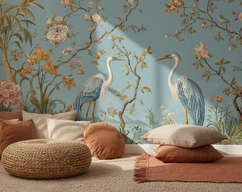 Vintage tapet med kran och pion, Chinoiserie-blommor, självhäftande väggmålning med blå häger,