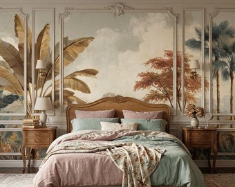 Papier peint vintage paysage tropical, décoration murale feuille de bananier palmier