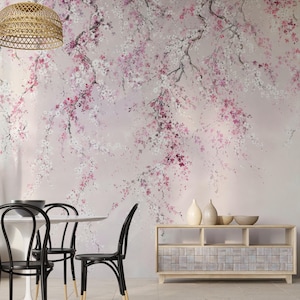 Kirschblüten-Wandbild - Rosa Tapete mit Blumenzweigen - Elegantes Dekor im japanischen Stil