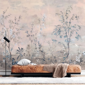 Hand-Painted Chinoiserie Wallpaper Mural: Botanical Asian Floral Wall Art