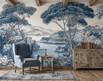 Papel pintado Toile de Jouy azul, mural de paisaje costero vintage, decoración autoadhesiva de estilo chinoiserie.