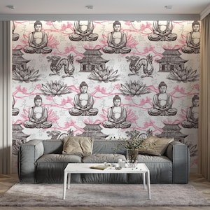 Carta da parati adesiva Zen asiatica, murale con fiore di loto del Buddha, decorazione murale in tessuto non tessuto con tempio del drago, carta da parati rimovibile senza soluzione di continuità