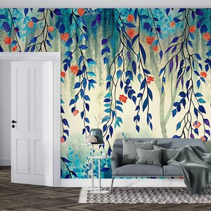 Carta da parati adesiva Blue Forest, murale con foglie sospese in tessuto non tessuto, arte murale botanica, carta da parati in vinile con alberi floreali