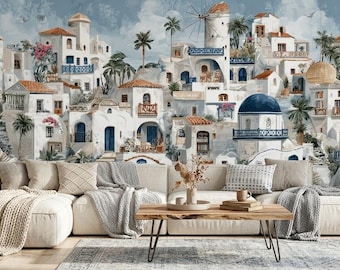 Mediterranean Landscape Wallpaper, Santorini Greek Island Mural, Blue Dome Coastal Peel and Stick Decor