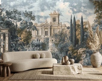 Vintage Italienische Garten Tapete zum Abziehen und Aufkleben, Elegante Wanddeko im Toile de Jouy Stil,