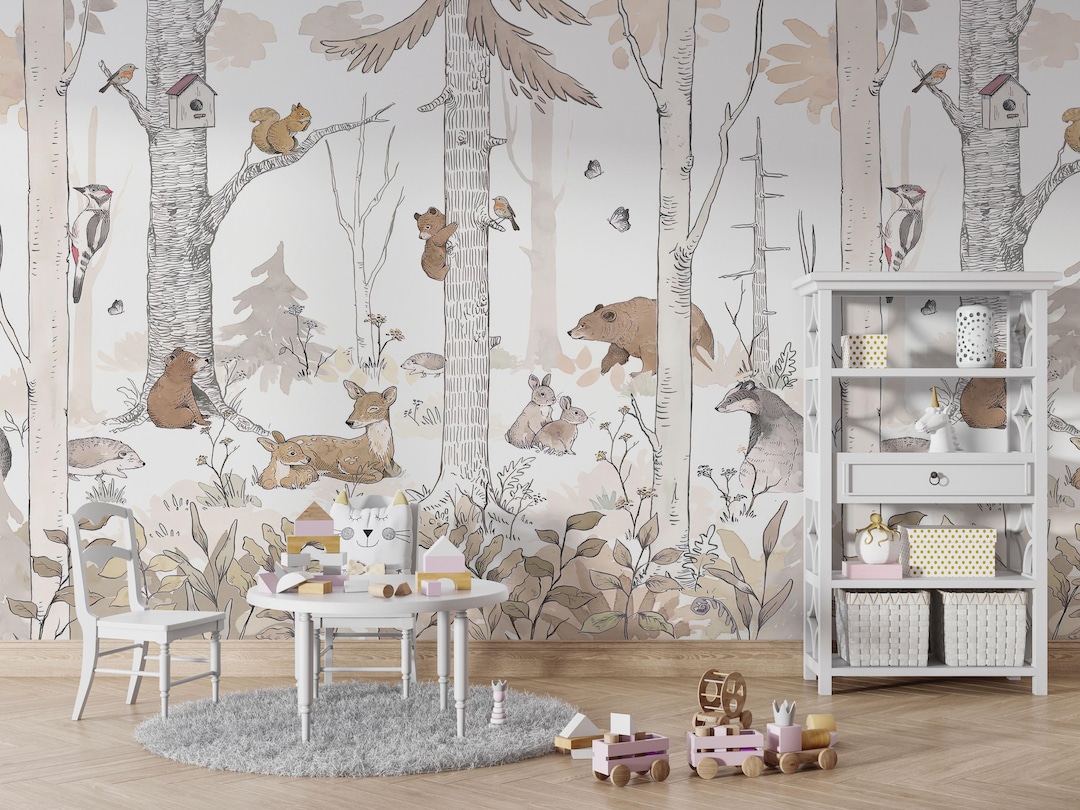 Kids Forest Animals Wallpaper Mural, Peel and Stick Woodland Nursery ...