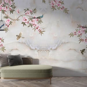 Cherry Blossom Tree Wallpaper: Chinoiserie Marble Vinyl Wall Mural