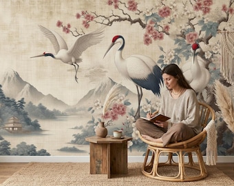 Japanisches Kranich Wandbild, Kirschblüten Tapete, Chinoiserie Schälen und Stick, Orientalische Natur Landschaftskunst