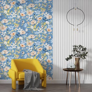 Blue Peel and Stick Wallpaper, Watercolor Flower Wallpaper, Blue and White Wallpaper, Traditional, Removable Wallpaper, Blue Floral Decor