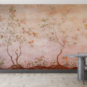 Carta da parati floreale vintage beige chinoiserie – stile dipinto a mano, murale botanico, elegante arredamento d'arte asiatica