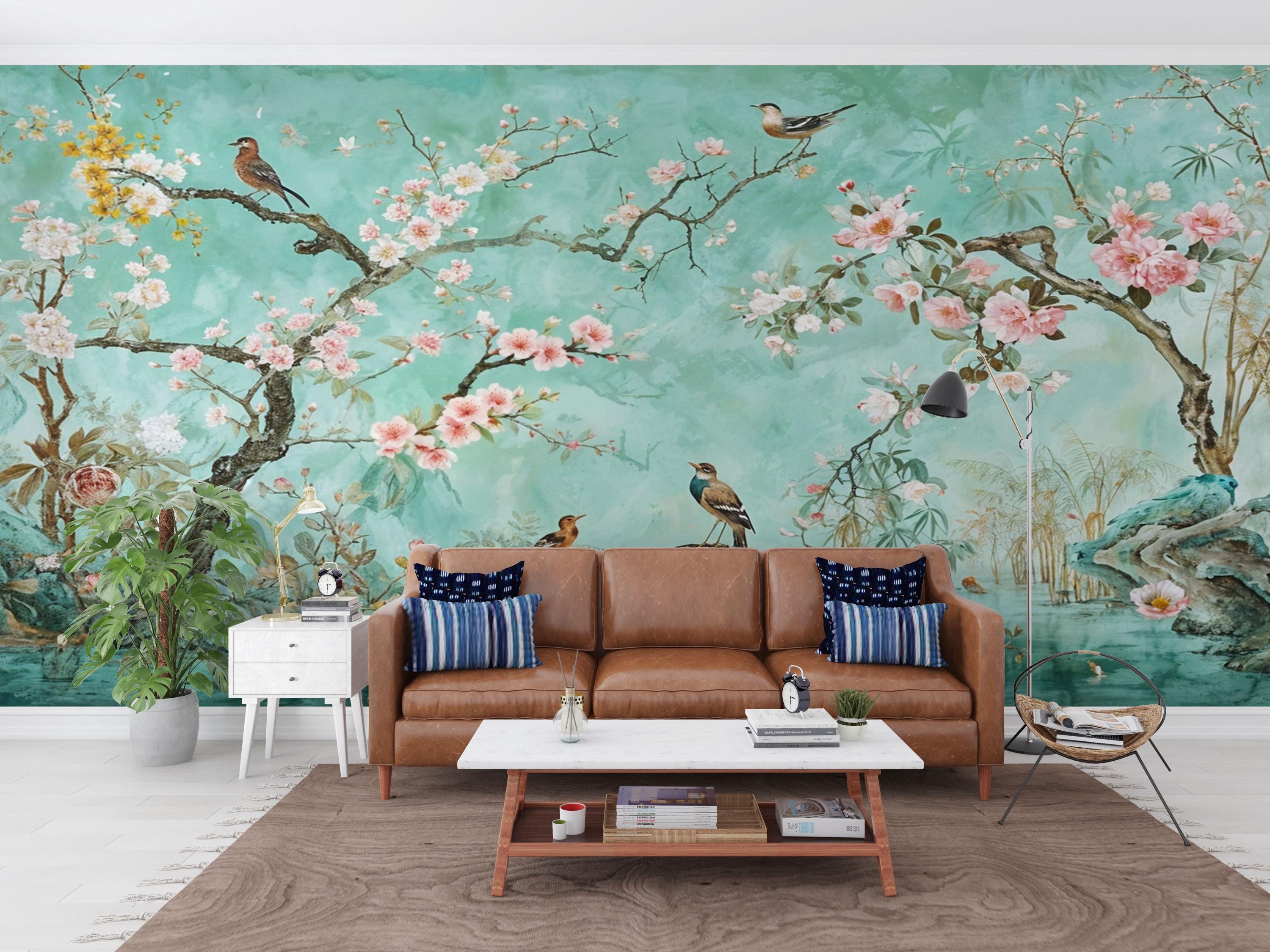 Cherry Blossom Wallpaper Chinoiserie Birds and Flowers, Soft Pastel ...