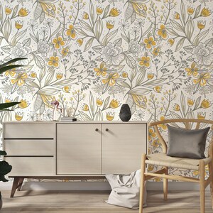 Carta da parati floreale Boho con fiori di campo, staccabile e attaccabile, decorazione murale botanica gialla rimovibile, carta da parati floreale vintage in tessuto non tessuto