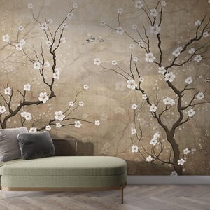 Papier peint autocollant Chinoiseries vintage, décoration murale beige floral branche d'arbre antique