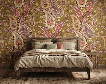 Mural de pared floral paisley tradicional, papel pintado retro bohemio, decoración autoadhesiva de estilo vintage.