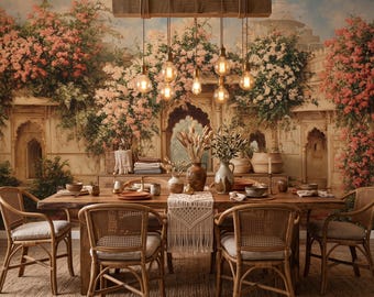 Puede incluir: Una mesa de comedor de madera con cuatro sillas de ratán, un camino de mesa de macramé y jarrones de cerámica. Sobre la mesa cuelga una lámpara colgante de varias bombillas. El fondo muestra un mural de arquitectura con flores rosas.