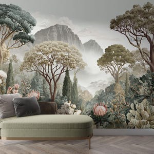 Vintage Tree Landscape Mural: Rural Scenic Wallpaper Peel and Stick
