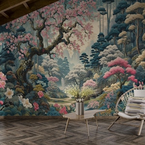 Carta da parati con foresta di fiori di ciliegio, murale con paesaggio giapponese, carta da parati adesiva con fiori rosa, decorazione murale asiatica in tessuto non tessuto