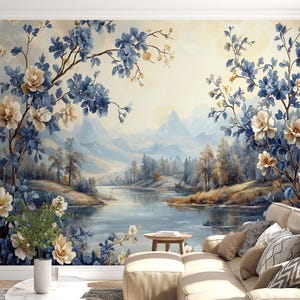 Carta da parati floreale vintage con paesaggio – murale botanico blu e beige, elegante arte murale della natura, arredamento per la casa di lusso