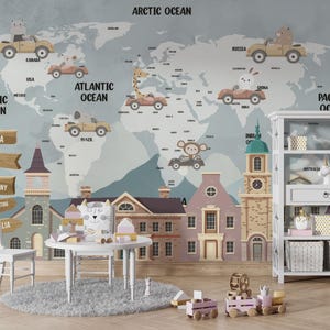 Kinder Weltkarte Tapete abziehen und aufkleben, Lerntier Wandbild, Abnehmbares selbstklebendes Vinyl, Cartoon Abenteuer Spielzimmer Wanddekoration