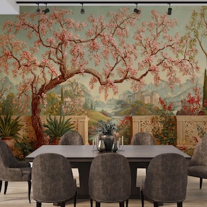 Murale con albero di ciliegio in fiore: paesaggio giapponese vintage, stacca e attacca