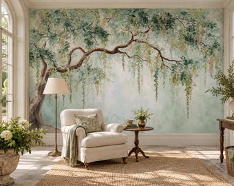 Sage Green Wisteria Mural, Peel and Stick Tree Branch Wallpaper, Non Woven Decor
