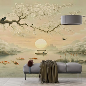 Zen Japanische Landschafts-Tapete: Koi Fisch & Kirschblüten-Wandbild