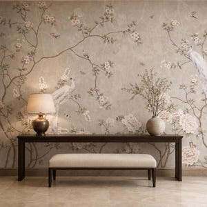 Vintage Chinoiserie Peel and Stick, White Peacock Blossom Non Woven, Floral Mural Wallpaper
