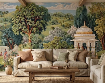 Indisches Vintage Gartenbild, Mughal Landschaft Tapete, Traditionelles Pichwai Peel and Stick Wandkunst