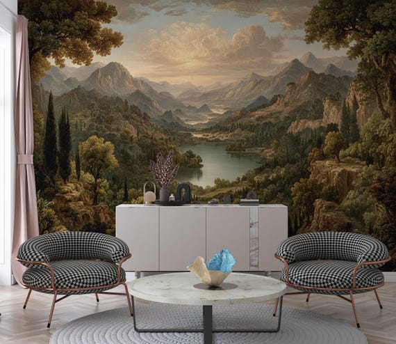 Vintage Landscape Wallpaper, Peel and Stick, Non Woven, Scenic Nature Mural, Mountain Lake Decor