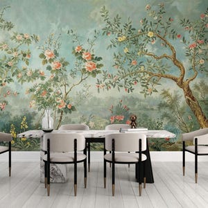 シノワズリの貼ってはがせる壁紙、ヴィンテージオリエンタルガーデン壁画、取り外し可能な花柄ウォールアート、