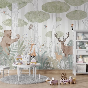 Animali della foresta per bambini, carta da parati staccabile e adesiva, murale in tessuto non tessuto per la cameretta dei bambini, decorazione da parete del bosco, arte di orsi, cervi e volpi