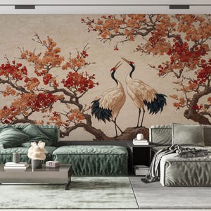 Asian Crane Art Peel and Stick Non Woven Wallpaper, Japanese Style Bird Wallpaper Mural,