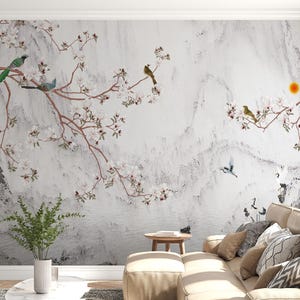 Chinoiserie Floral Wallpaper: Asian Flowers, Birds, Cherry Blossoms (Peel and Stick)