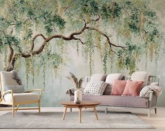Ethereal Hanging Tree Branch Peel and Stick Wallpaper, NonWoven Decor, Pastel Willow Tree Mural,