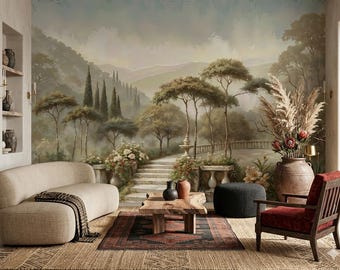 Vintage Italian Garden Wallpaper Mural: Tuscan Villa Scene Peel and Stick