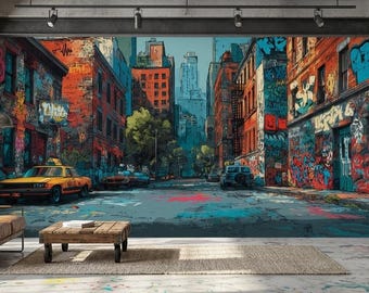 Papel pintado de grafiti de cómic: Mural de pared autoadhesivo con paisaje urbano de Nueva York