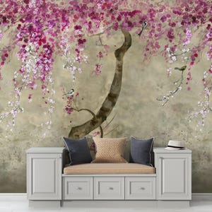 Pink Cherry Blossom Tree Wallpaper: Birds, Floral Peel and Stick Wall Mural