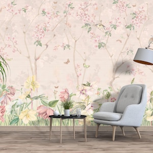 Floral Garden Wallpaper: Pastel Spring Blossoms, Birds & Butterflies
