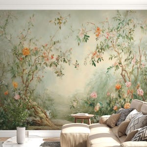 Chinoiserie Floral Wallpaper: Vintage Beige Botanical Wall Mural