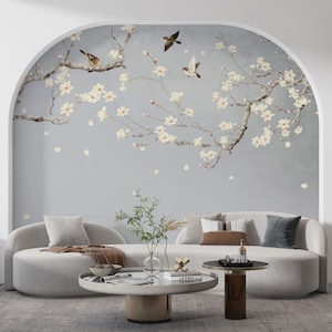 Magnolia Blossom Wallpaper Mural: Bird Branch Chinoiserie Design