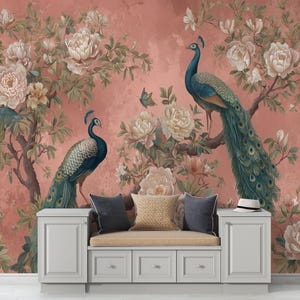 Chinoiserie Peacock Peel and Stick Wallpaper Mural: Removable Floral Wall Art