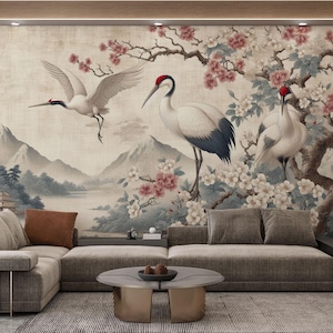 Japanisches Kranich & Sakura Wandbild: Orientalische Abzieh- und Aufklebe-Tapete