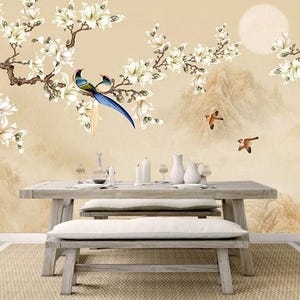 Chinoiserie Birds & Blossom Wallpaper: Vintage Peel and Stick Wall Mural
