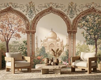 Mughal Garden Peel and Stick Wallpaper, Indian Archway Wall Art, Floral Wall Mural